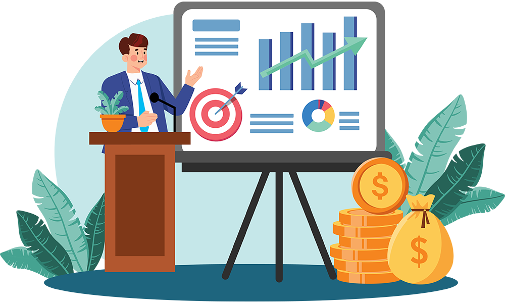 Graphic of businessman at podium pointing at presentation board with stats