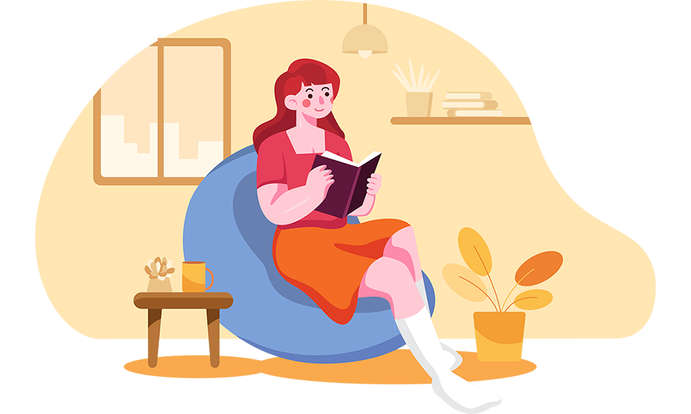 Graphic of woman sitting in bean bag reading a book 